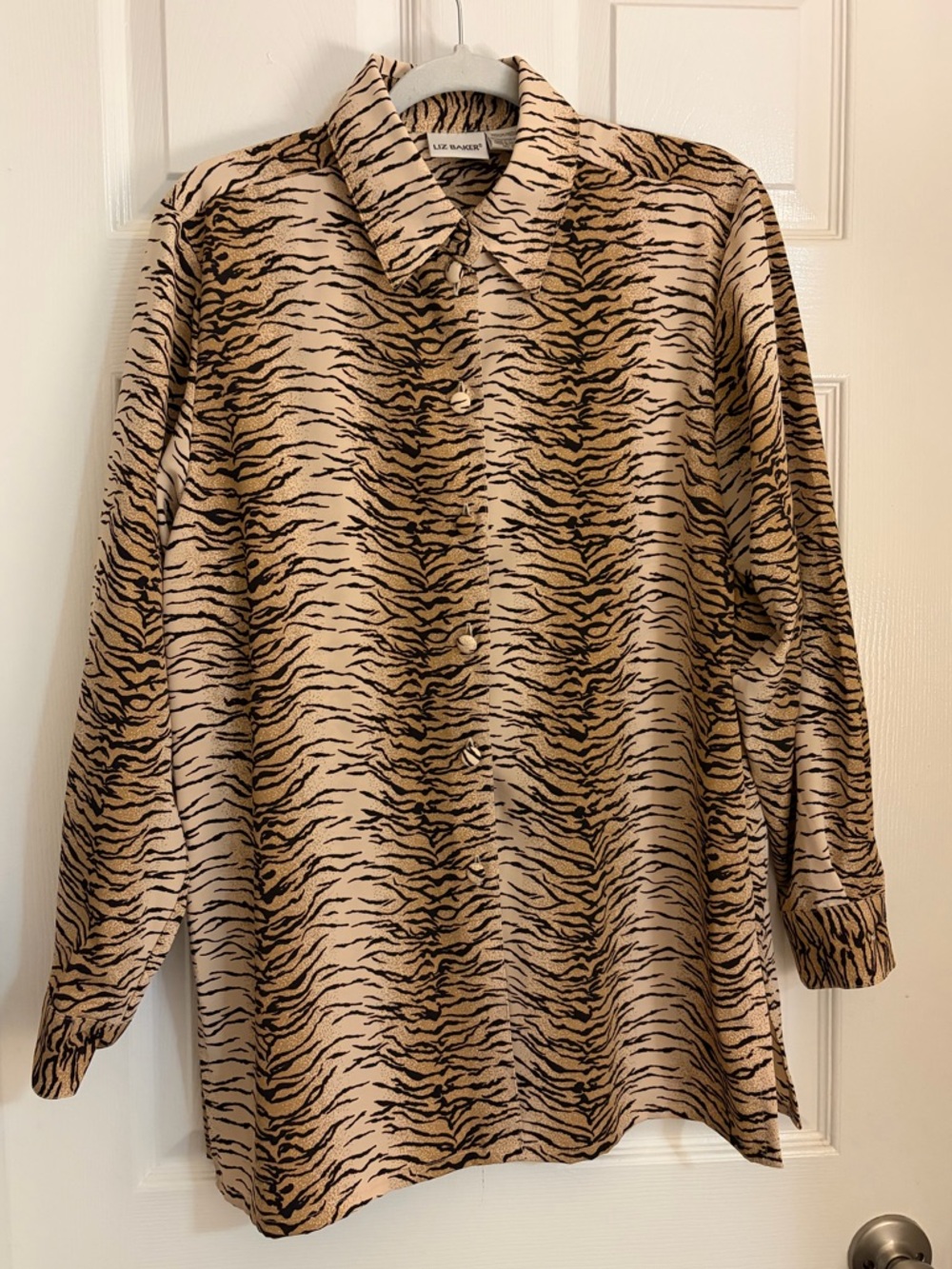 Liz Claiborne Neutral Tiger-Stripe Button Front Shirt